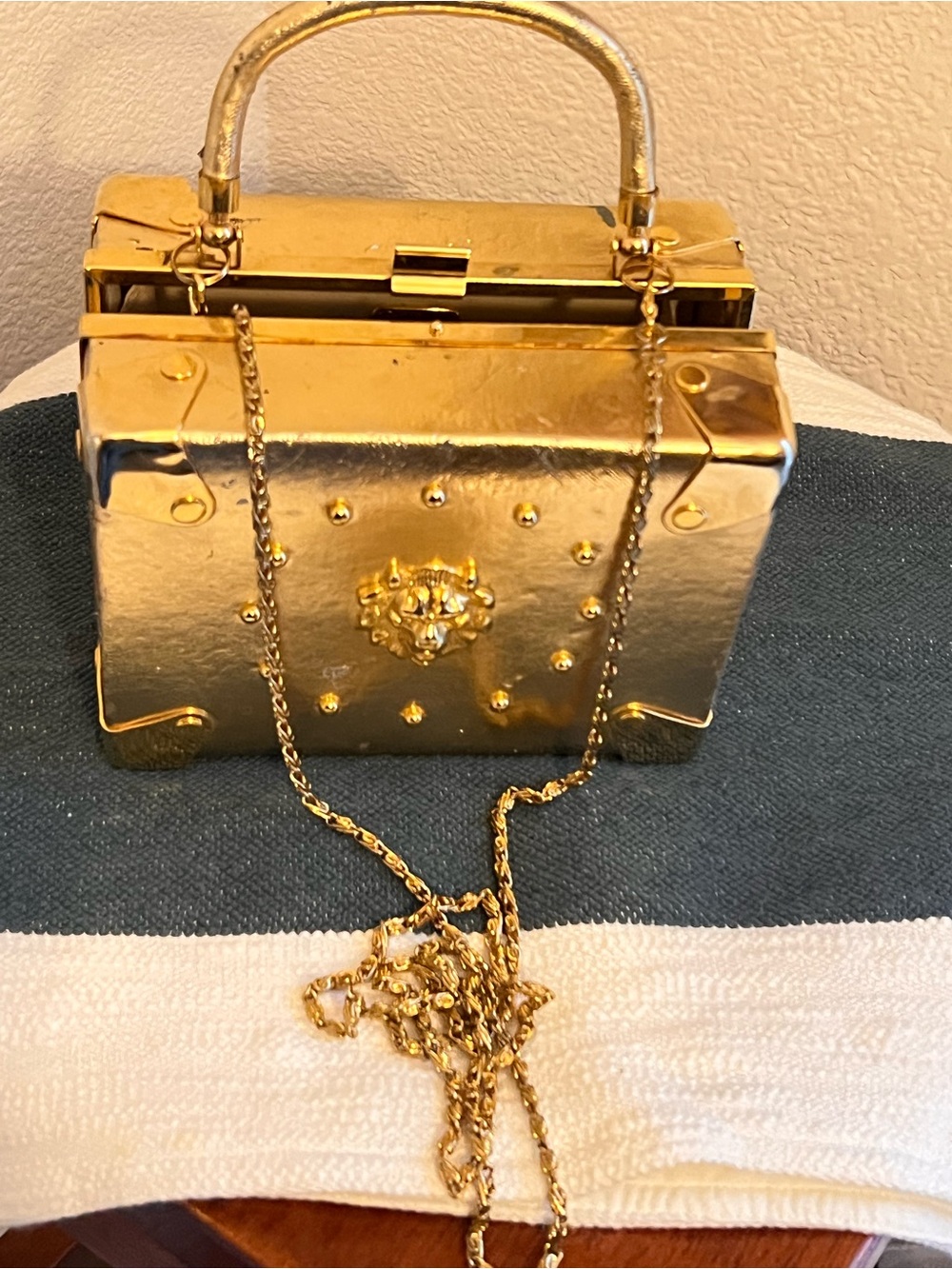 Vintage Gold Metallic Box Handbag with Chain Strap